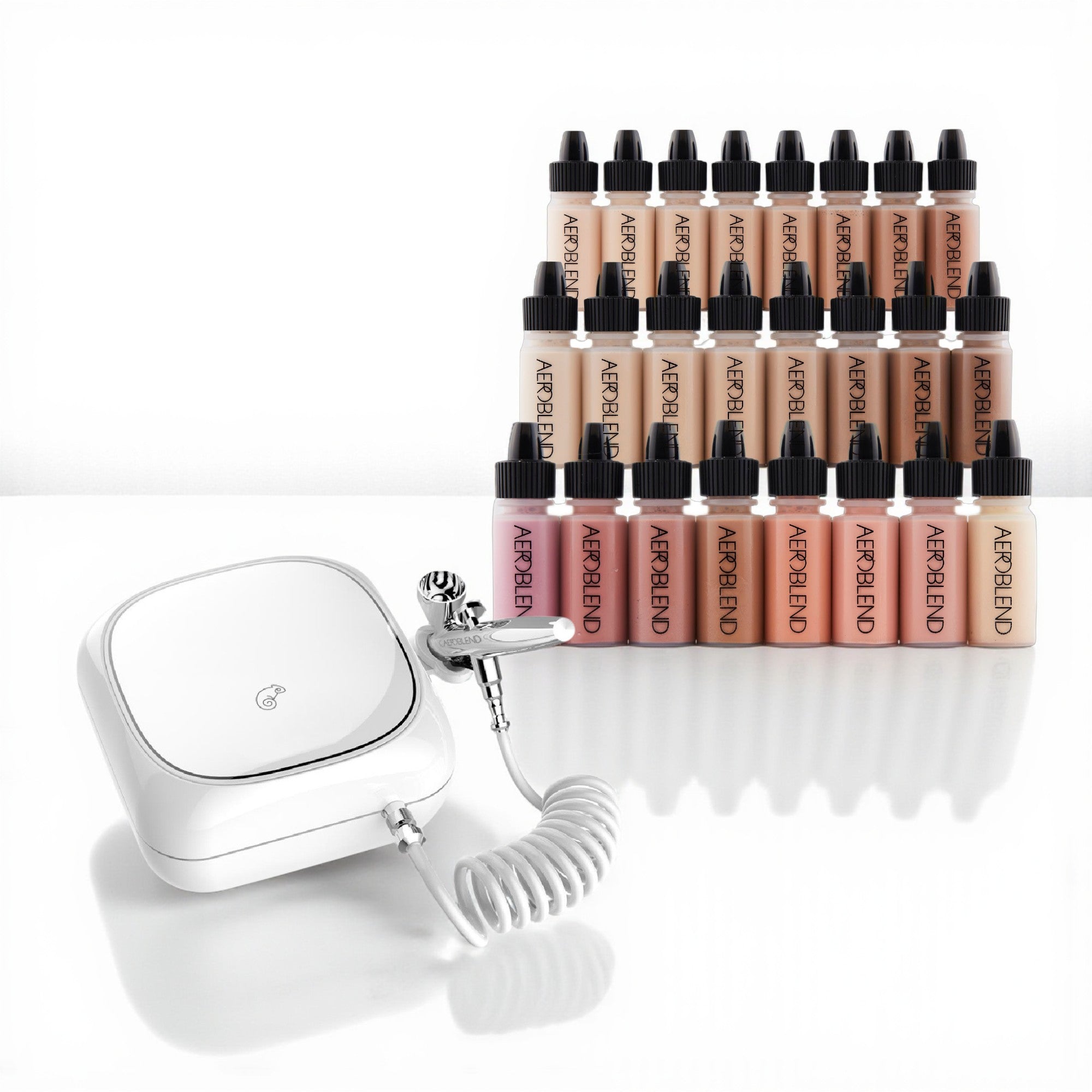 An airbrush makeup system arranged with cosmetic shades and application equipment
